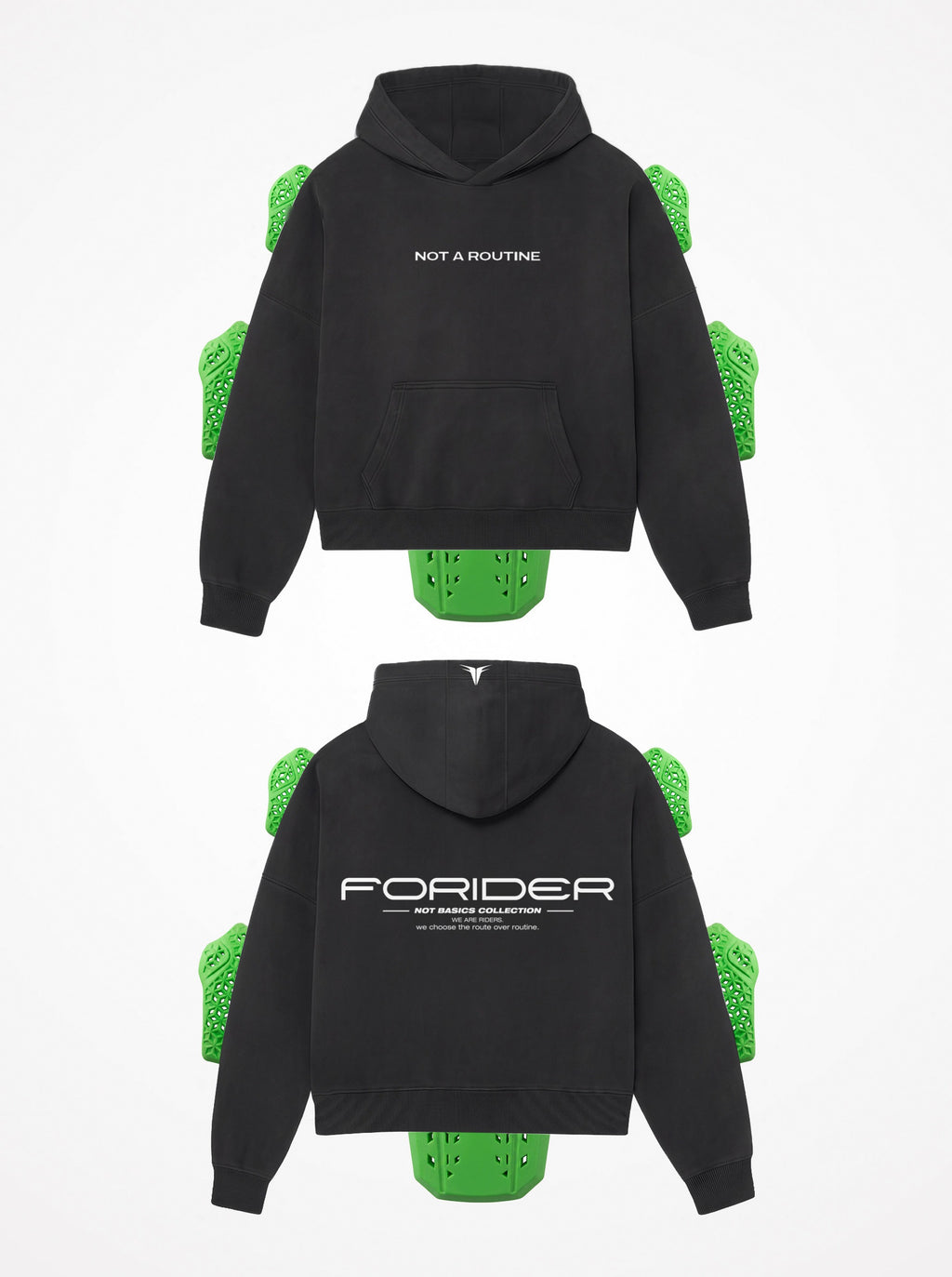 Sudadera de moto Not a Routine negra por delante y por detrás, con las protecciones CE nivel 2 de espalda, hombros y codos