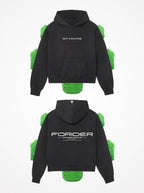 Sudadera de moto Not a Routine negra por delante y por detrás, con las protecciones CE nivel 2 de espalda, hombros y codos