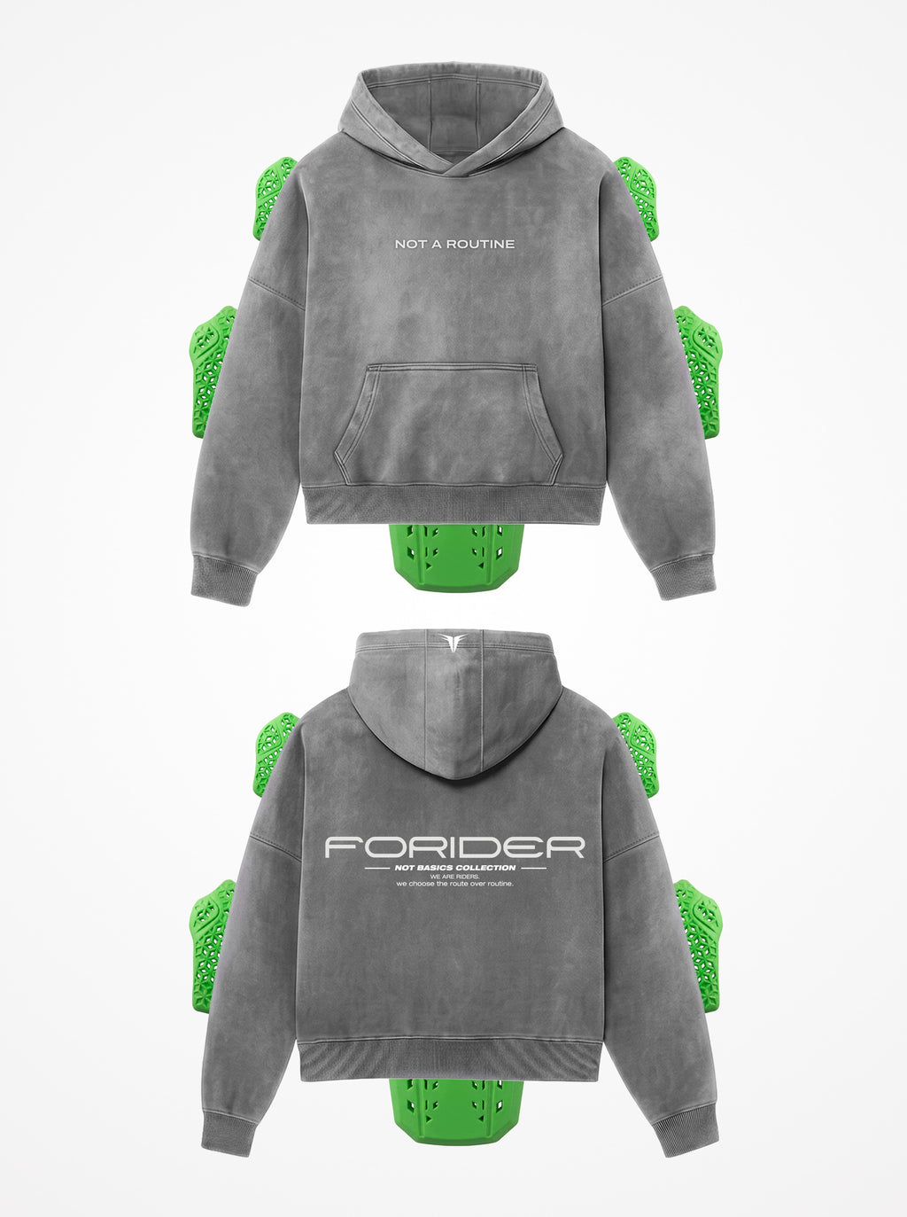 Sudadera de moto Not a Routine gris washed por delante y por detrás, con las protecciones CE nivel 2