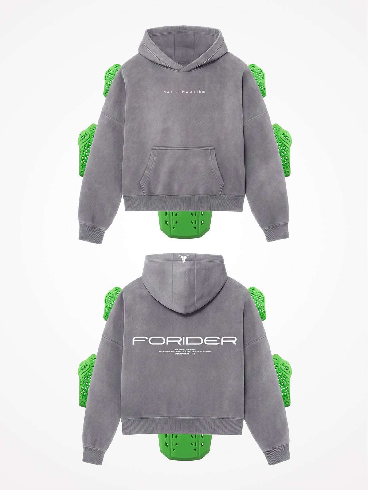 Sudadera de moto Not a Routine gris washed por delante y por detrás, con las protecciones CE nivel 2