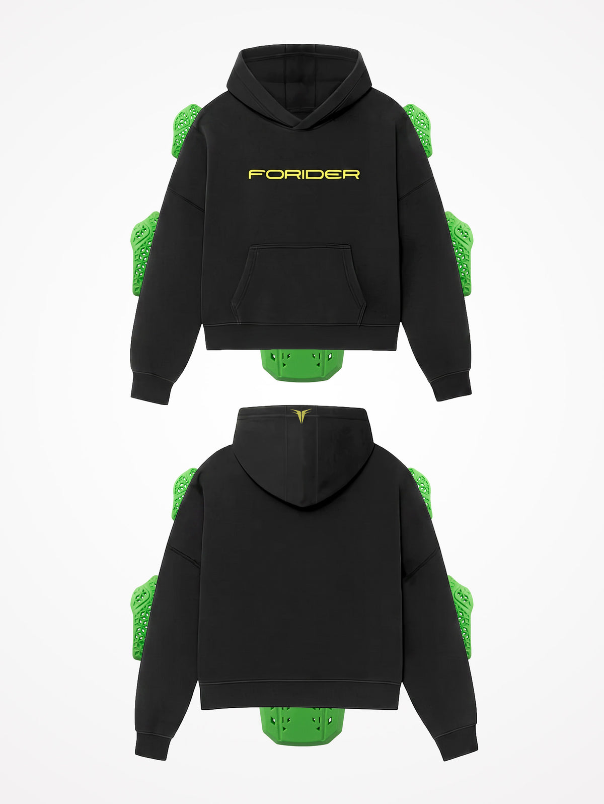 Sudadera de moto FORIDER negra por delante y por detrás, con las protecciones CE de espalda, hombros y codos