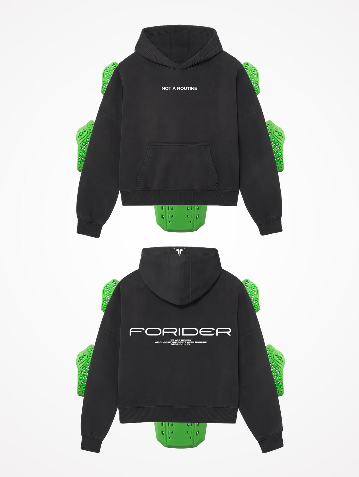 Sudadera de moto Not a Routine negra por delante y por detrás, con las protecciones CE nivel 2 de espalda, hombros y codos