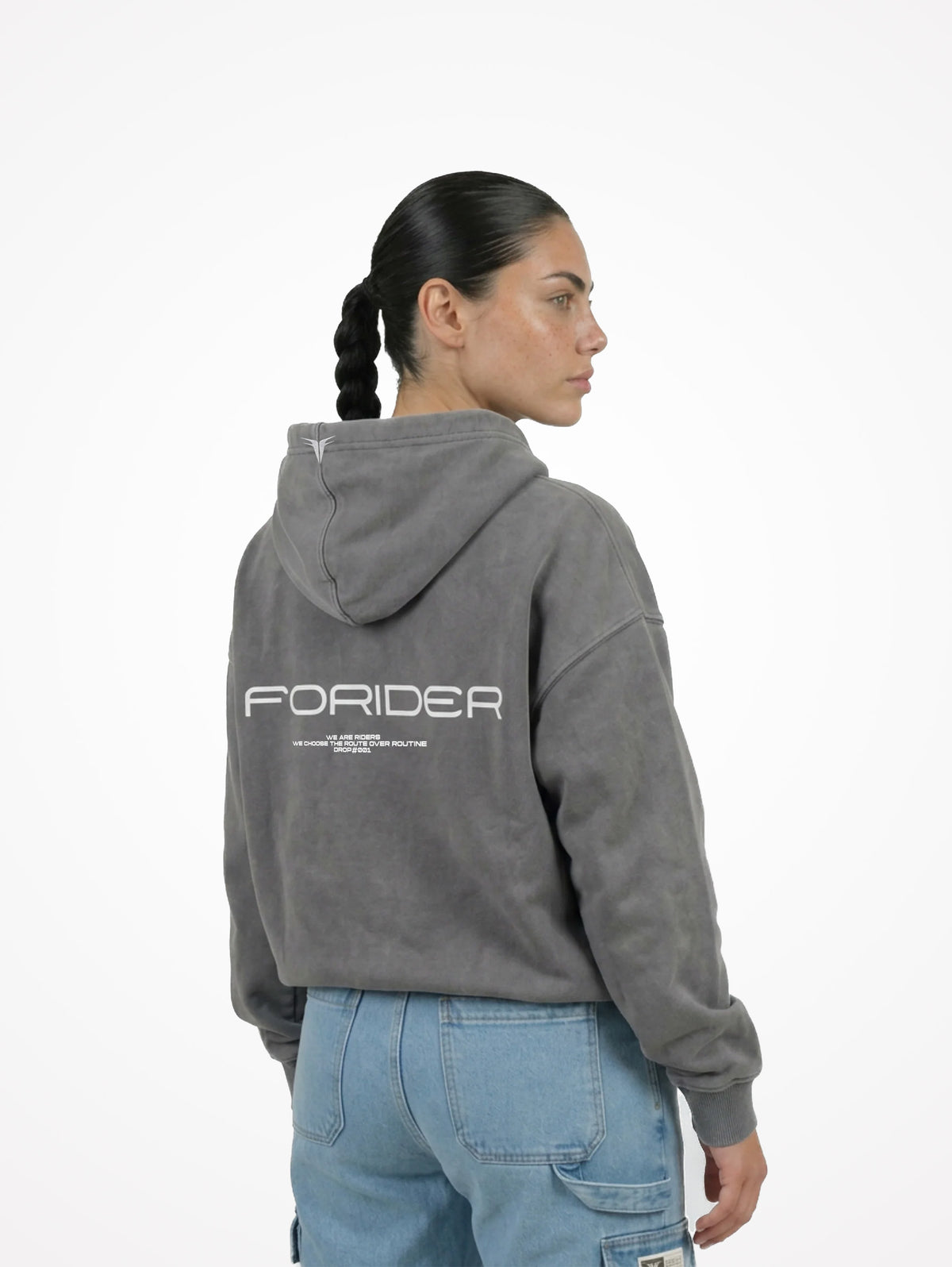 Espalda de la sudadera de moto gris washed con el logotipo FORIDER