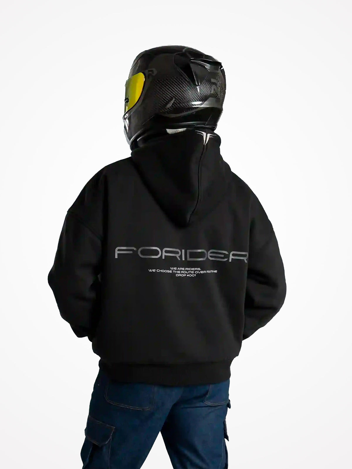 Espalda de la sudadera de moto Not a Routine negra con el logotipo FORIDER