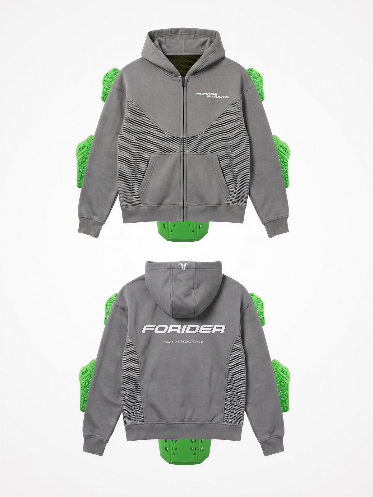 Chaqueta de moto de verano FORIDER gris de frente y de espalda, con paneles de malla ventilada y las protecciones CE nivel 2