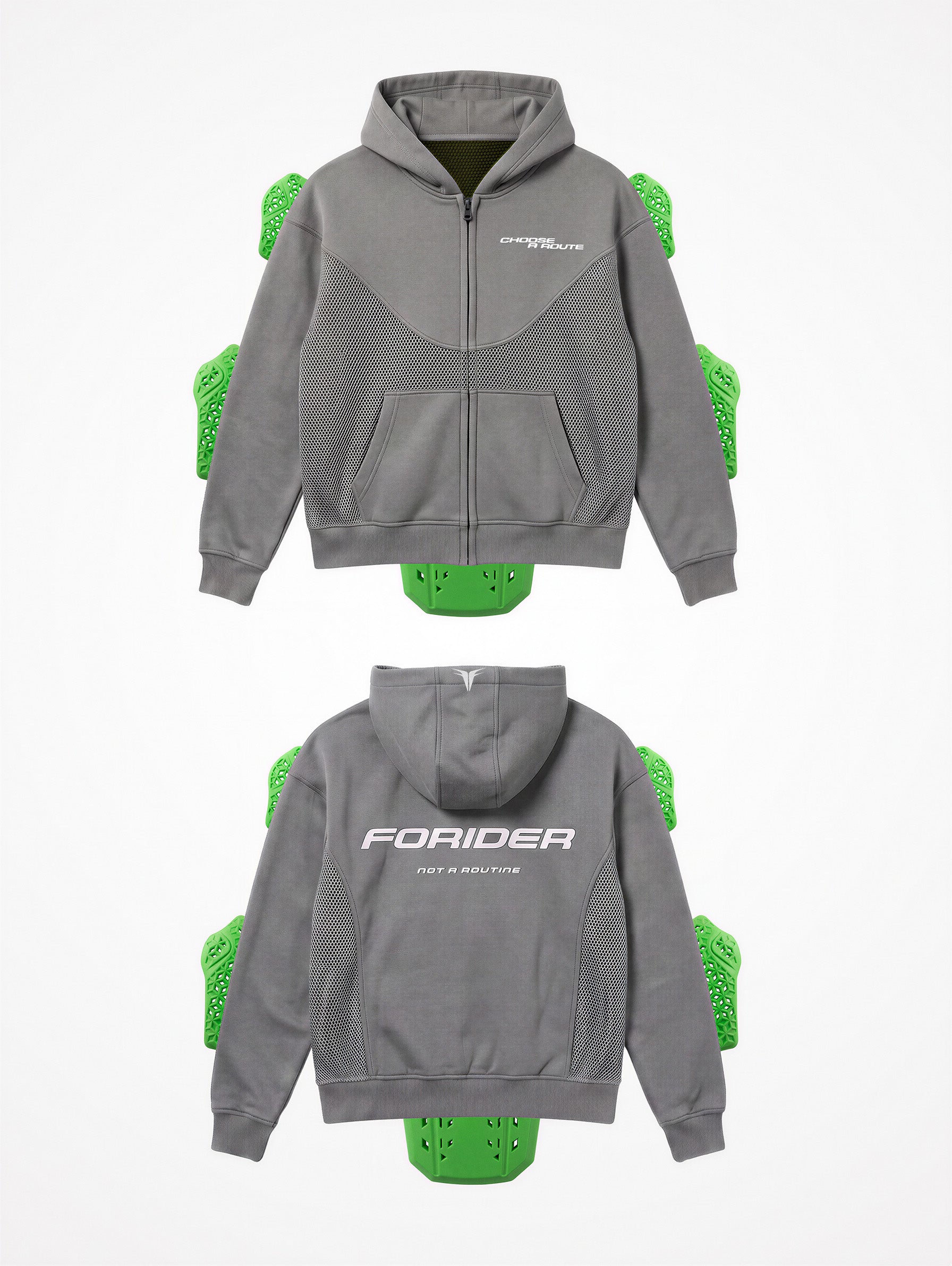 Chaqueta de moto de verano FORIDER gris de frente y de espalda, con paneles de malla ventilada y las protecciones CE nivel 2